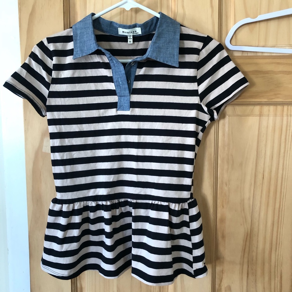 Monteau Los Angeles Women's Black/Tan Striped Peplum Top w/ Chambray Collar Sz M